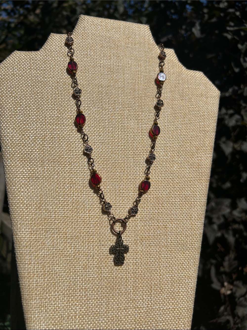 Red Bead Cross Pendant Necklace